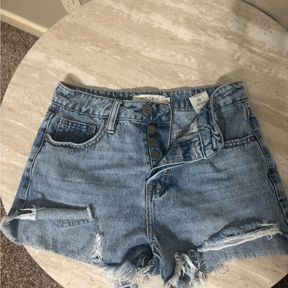 HIDDEN Blue Distressed Jean Shorts with Frayed Hem